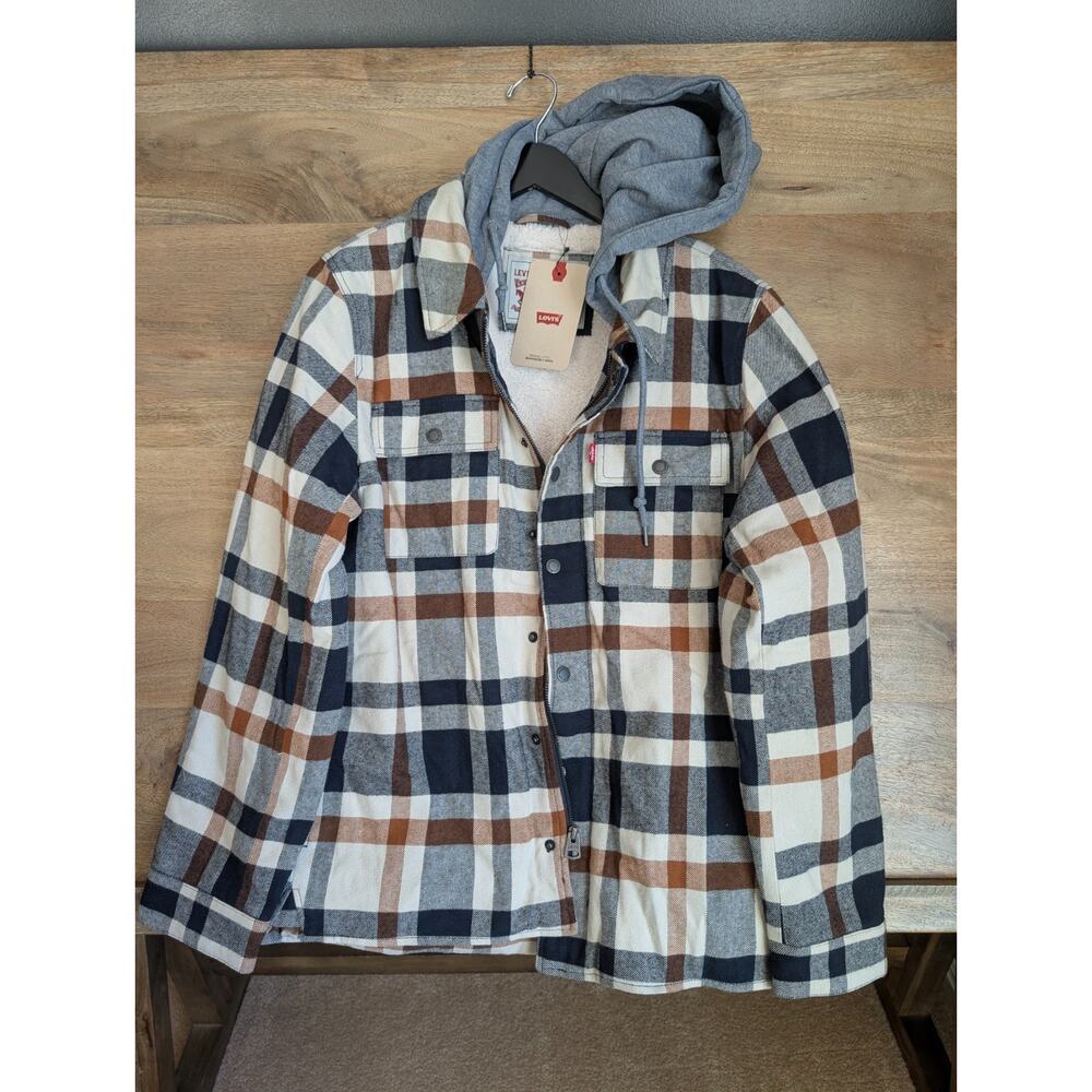 Levi's Shirt Jacket Mens S Multicolor Plaid Sherpa Lined Hooded Snap Button NWT